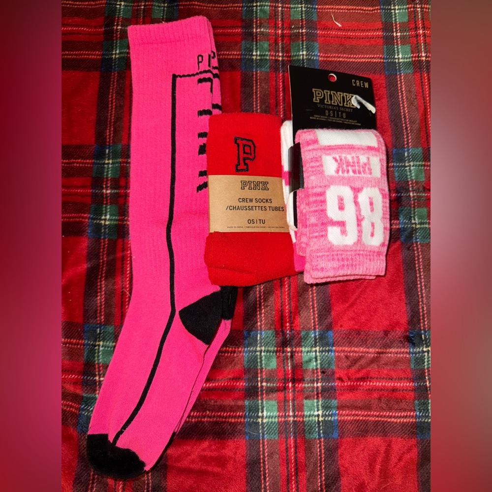 PINK Victoria's Secret Pink and Red Crew Socks Trio